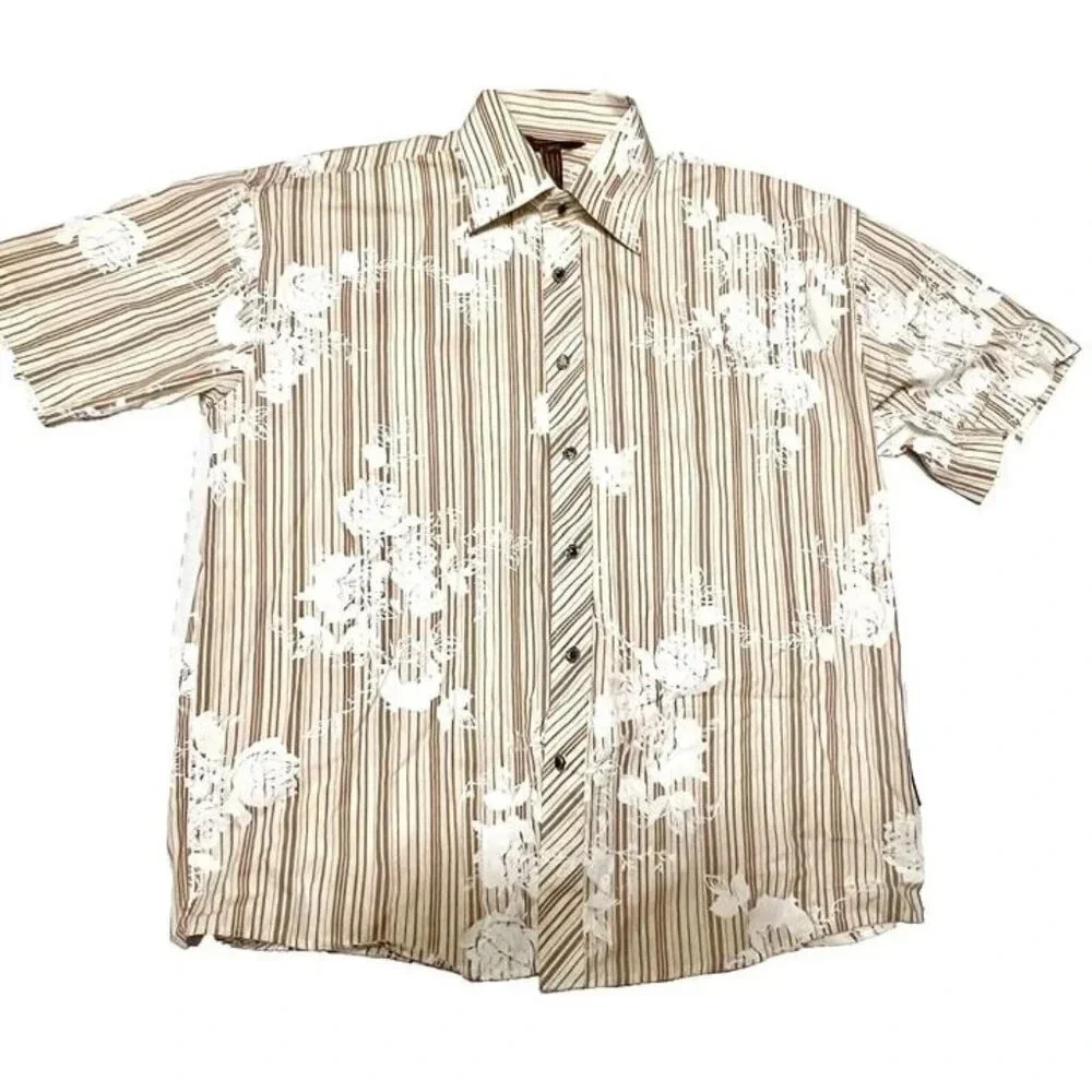 Men's MED Vintage 90s Jackpot Hawaiian T Shirt Floral Beige Fancy Buttons Cotton